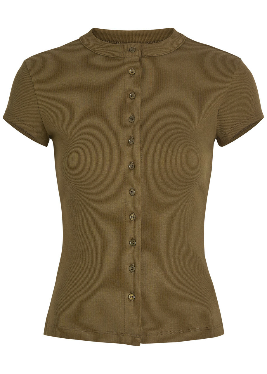Reformation Raelynn Ribbed Stretch-cotton T-shirt Dark Green
