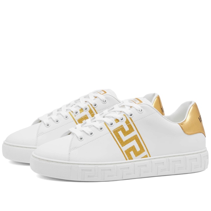 Photo: Versace Men's Greek Sole Embroidered Band Sneakers in White/Gold