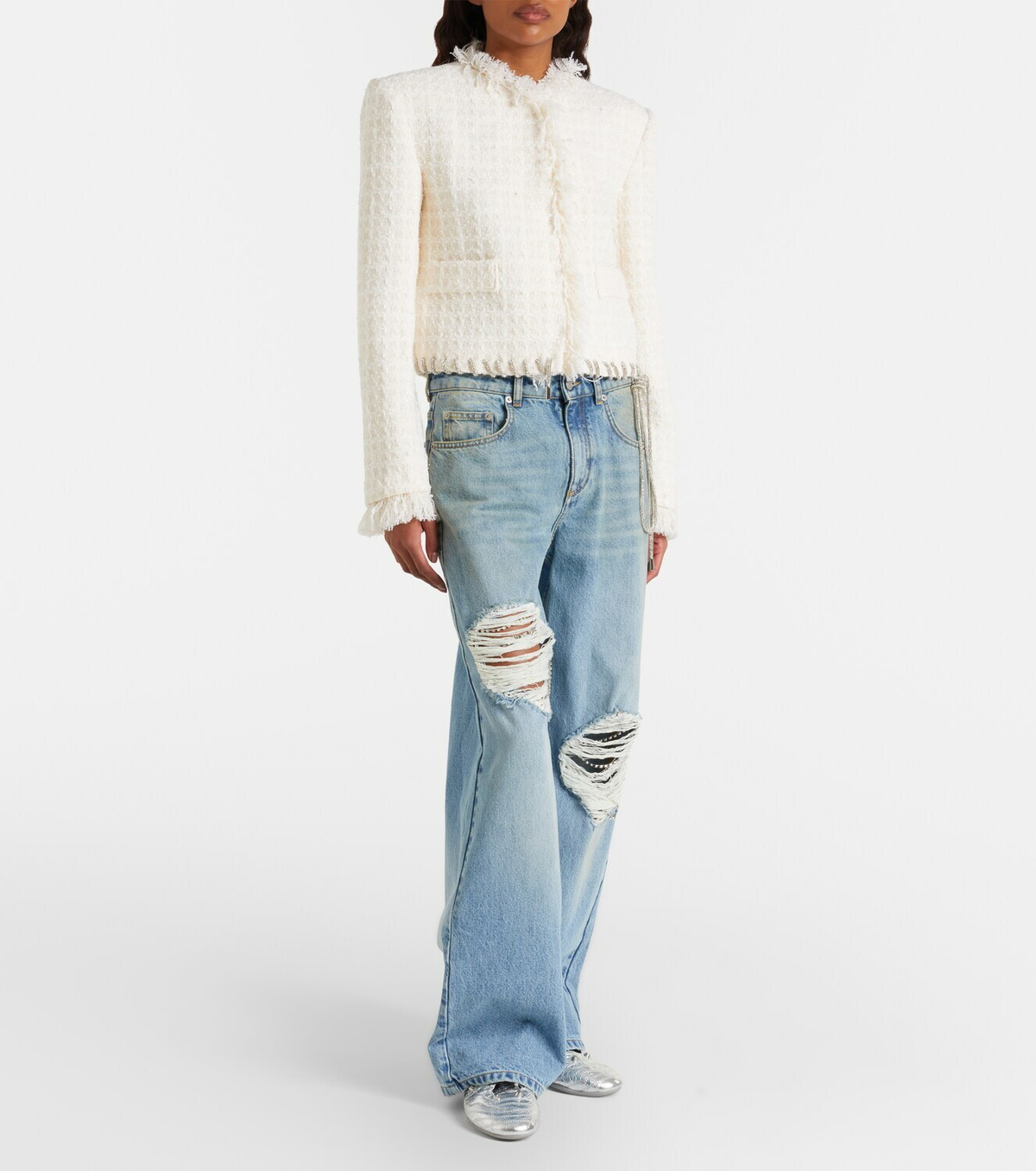 Area Distressed embellished wide-leg jeans