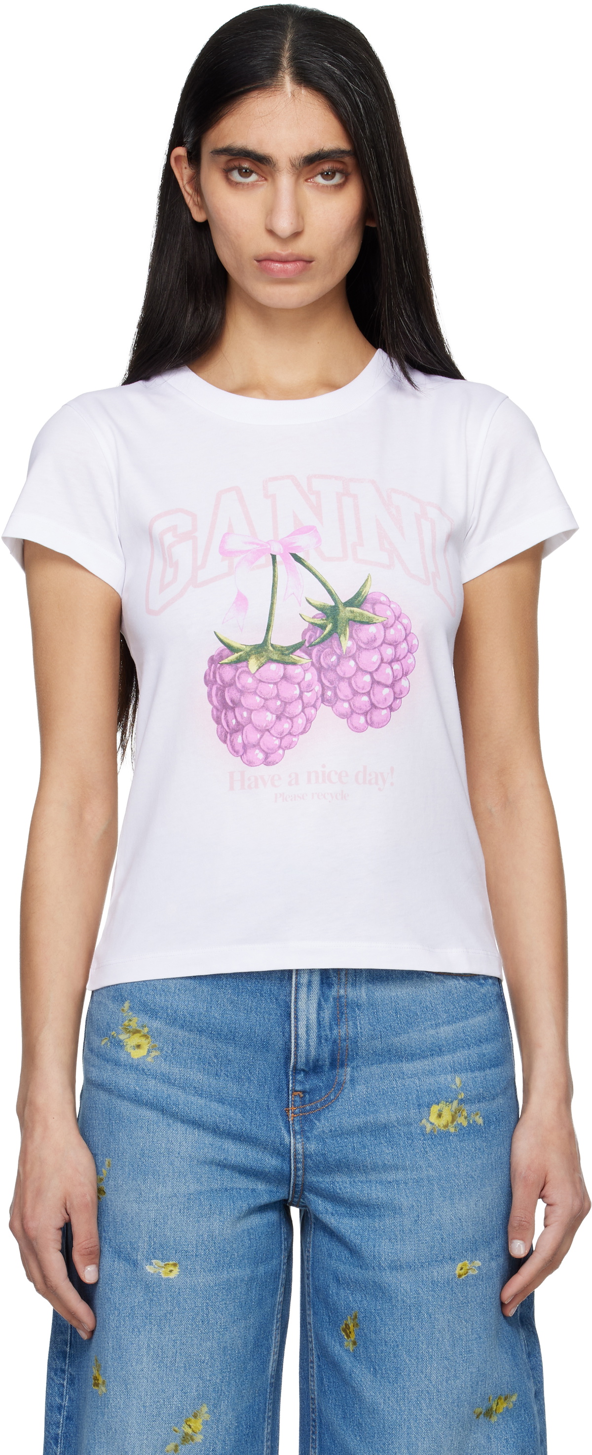 GANNI White Baby Fit Raspberries T-shirt
