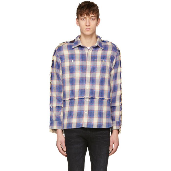 R13 Blue and Off White Plaid Mended Shirt R13