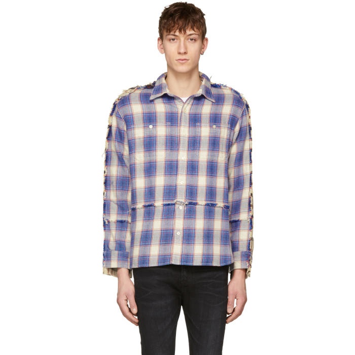 Photo: R13 Blue and Off-White Plaid Mended Shirt 