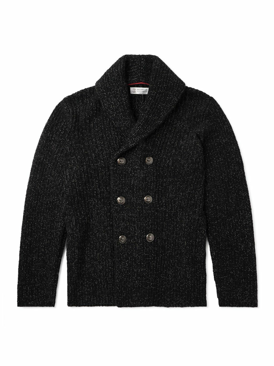 Brunello Cucinelli - Shawl-Collar Double-Breasted Ribbed Virgin Wool, Silk and Cashmere-Blend Cardigan - Black