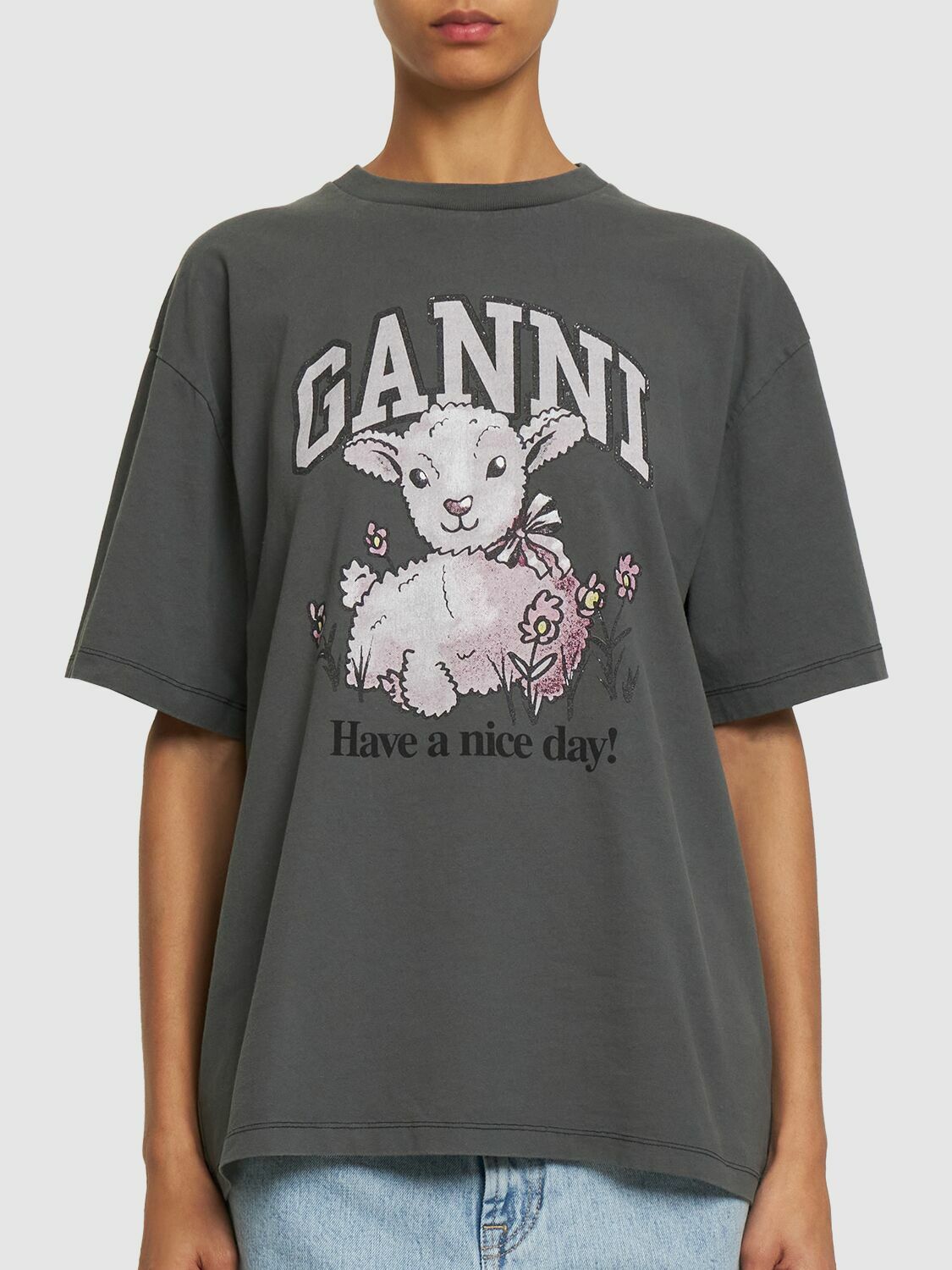 GANNI 子羊デザイン Tシャツ Leopard White Basic Jersey Leopard Relaxed T-shirt | GANNI US