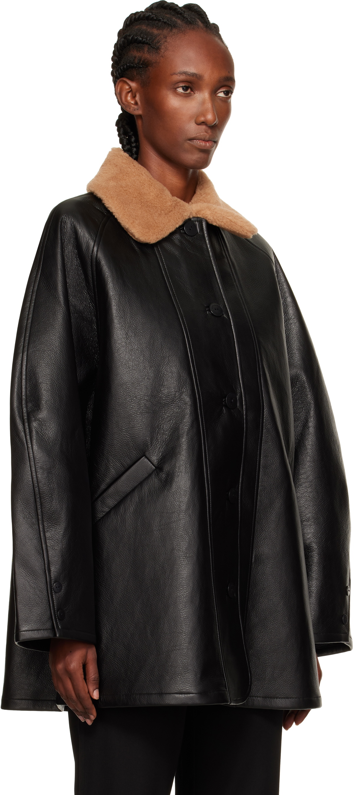 Cordera Black Aviator Midi Faux-Leather Coat