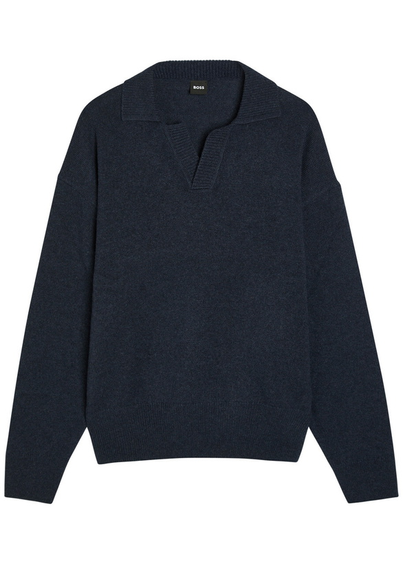 Photo: Boss Open Collar Wool Polo Jumper Navy