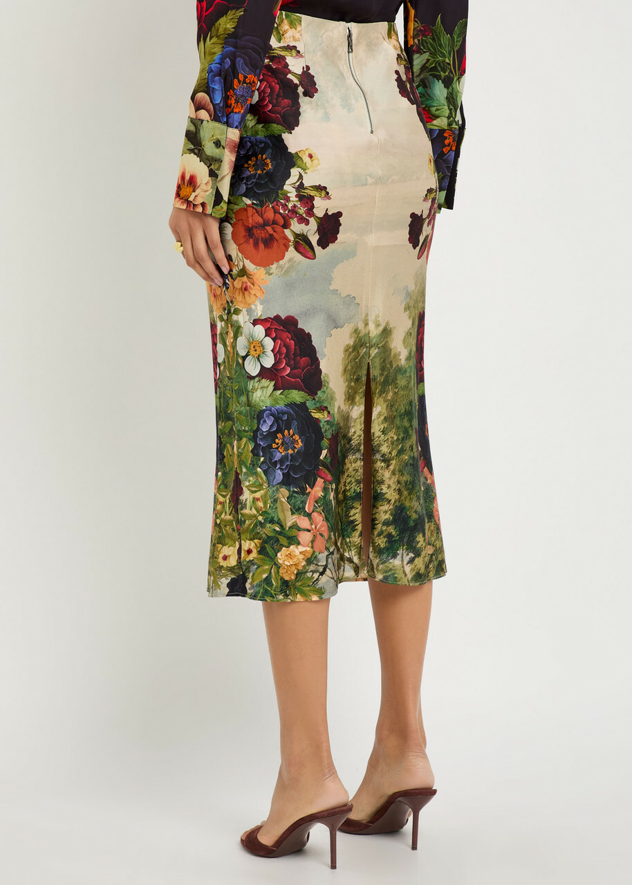 Alice + Olivia Maeve Floral-print Satin Midi Skirt Multicoloured