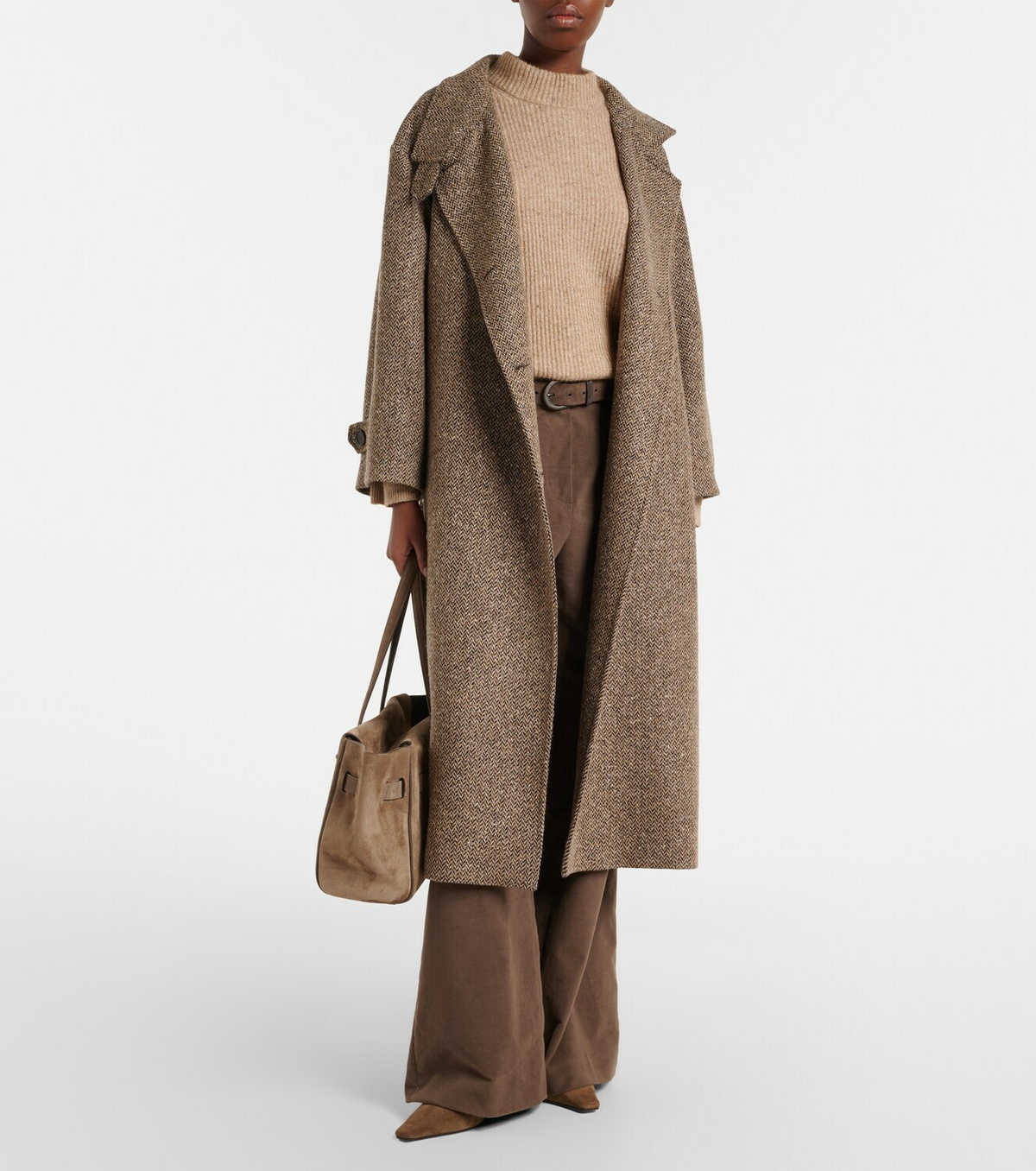 Brunello Cucinelli Belted herringbone wool-blend coat