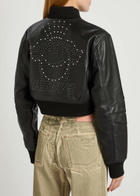 AN-Y1 Queen Stud-embellished Leather Cropped Bomber Jacket Black
