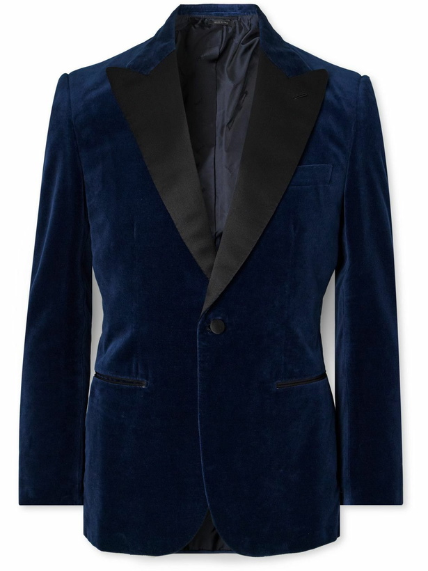 Photo: Brioni - Satin-Trimmed Cotton-Velvet Tuxedo Jacket - Blue