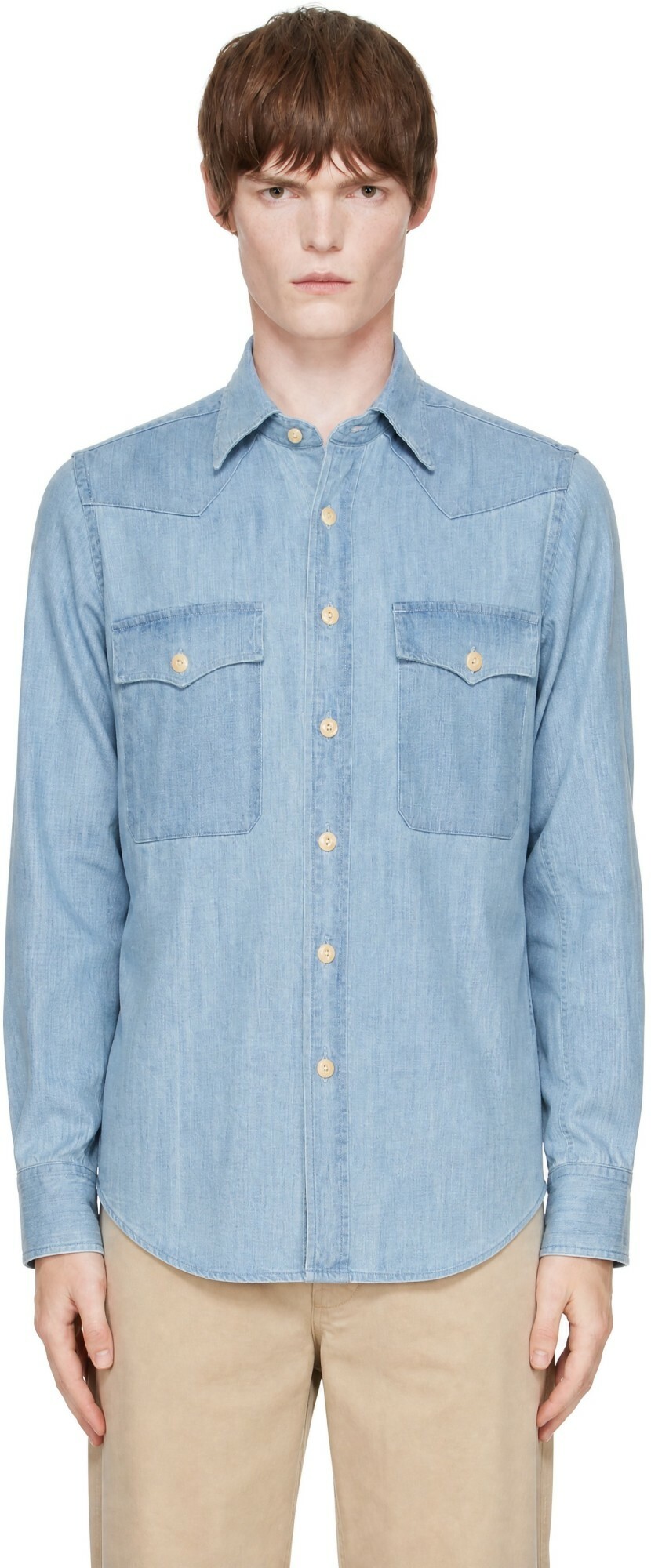 Drake's Blue Denim Two-Pocket Western Shirt