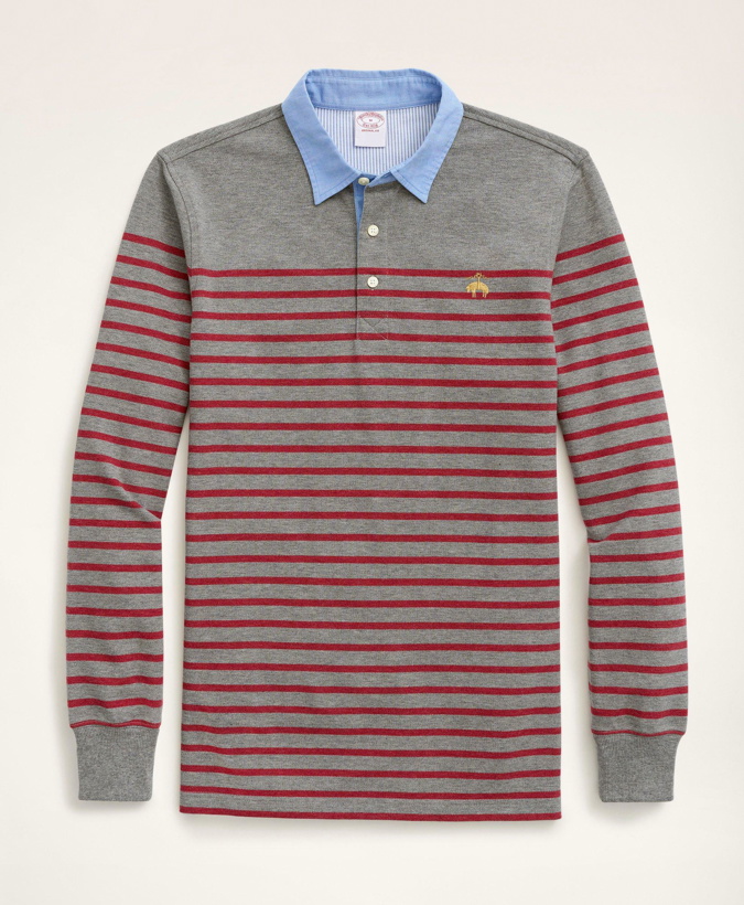 Photo: Brooks Brothers Men's Supima Cotton Mariner Stripe Long-Sleeve Polo Shirt | Grey
