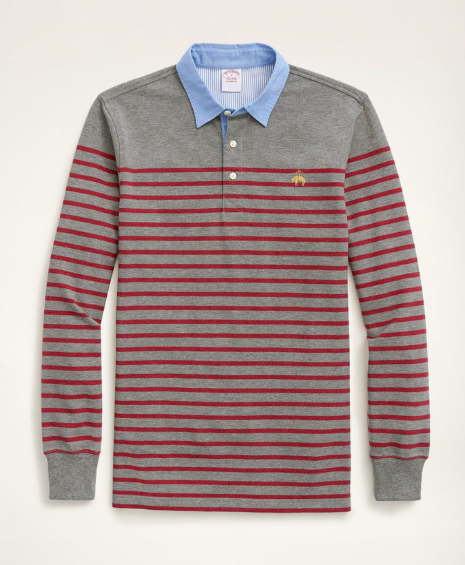 Photo: Brooks Brothers Men's Supima Cotton Mariner Stripe Long-Sleeve Polo Shirt | Grey