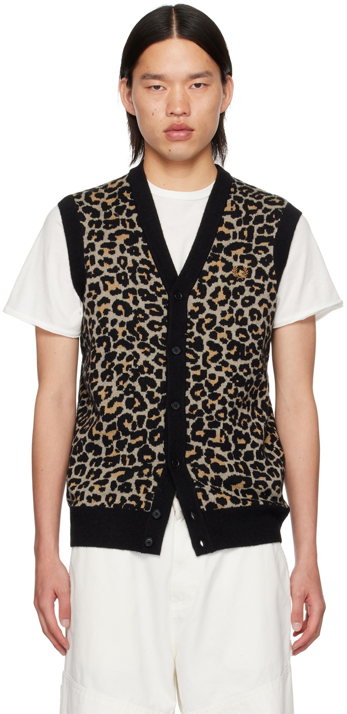 Fred Perry Men's Leopard Print Knit Vest in Warm Grey Fred Perry