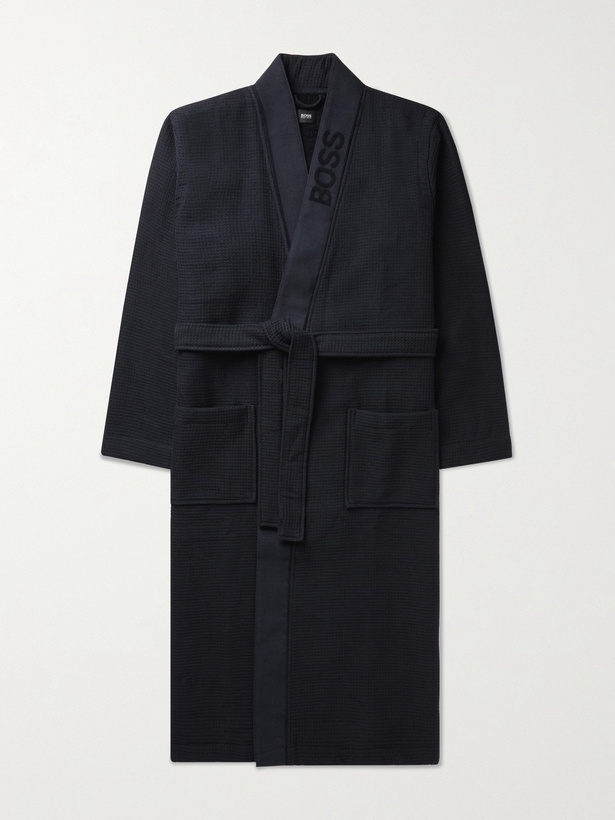 Photo: HUGO BOSS - Logo-Jacquard Waffle-Knit Loopback Cotton-Blend Robe - Blue