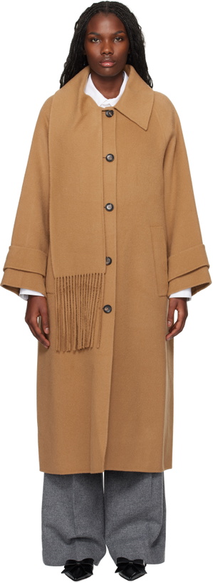 Photo: KIMHĒKIM Tan Alpaca Fringe Scarf Long Coat