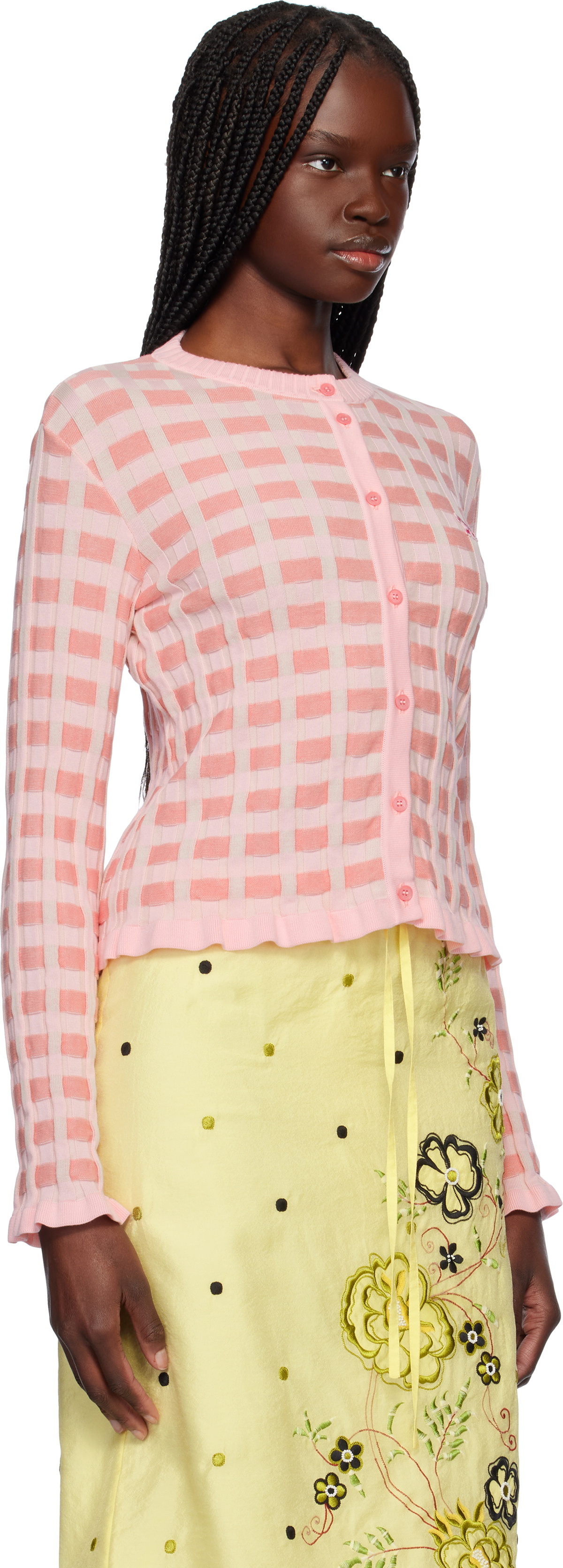 Maison Kitsuné Pink Checked Ribbed Cardigan