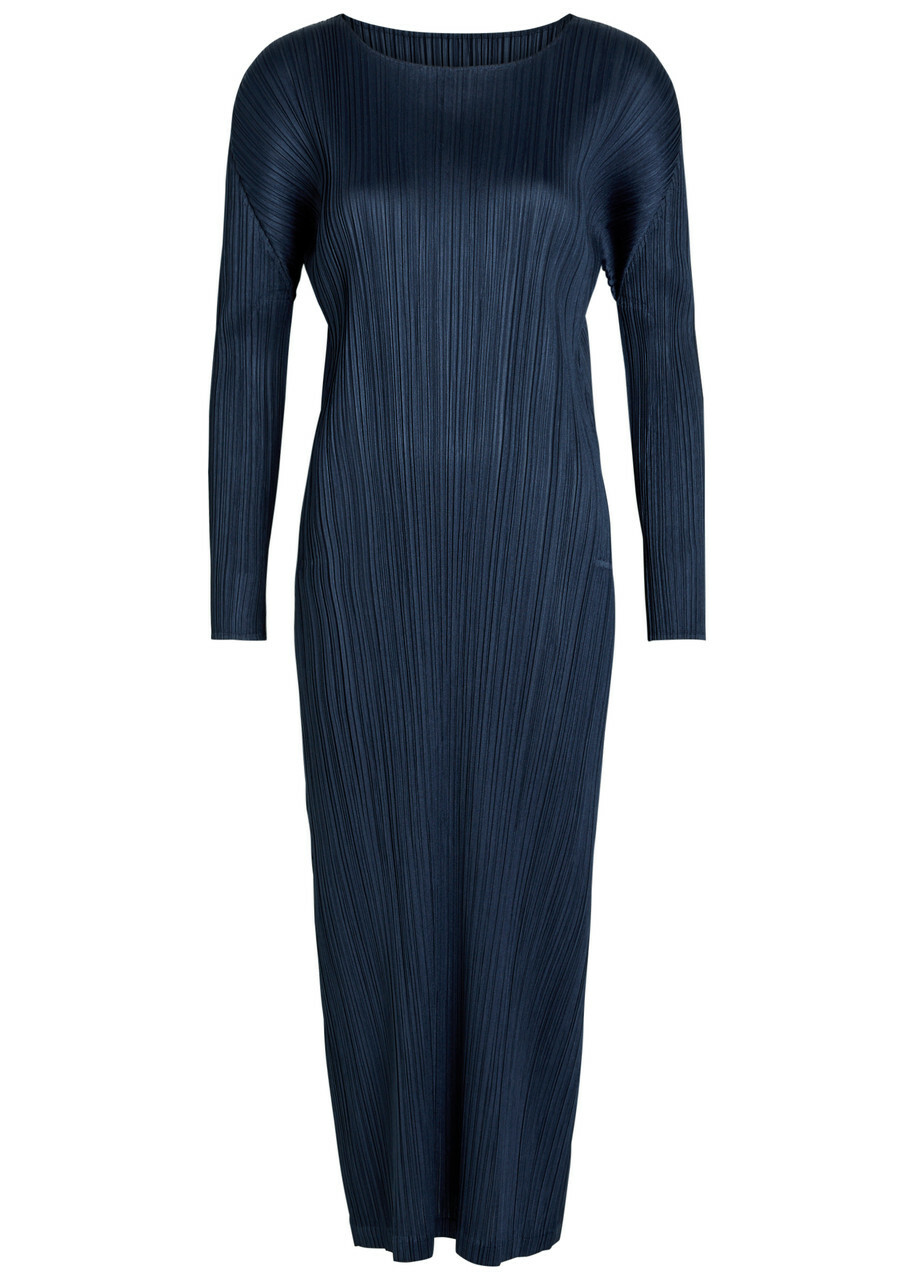 Pleats Please Issey Miyake Pleated Woven Midi Dress Navy