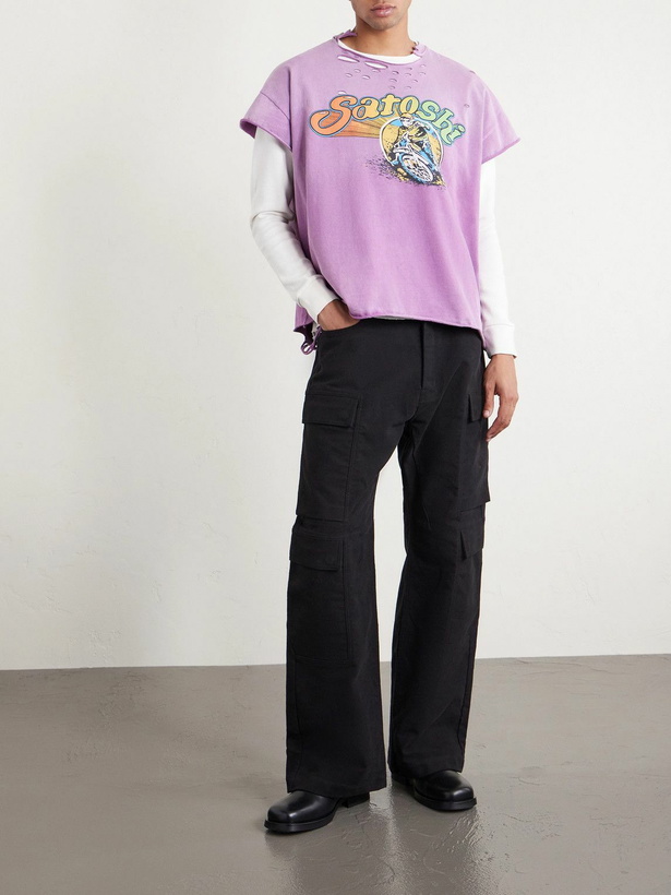 Photo: Satoshi Nakamoto - 1977 Dirtbike Layered Distressed Printed Waffle-Knit and Cotton-Jersey T-Shirt - Purple