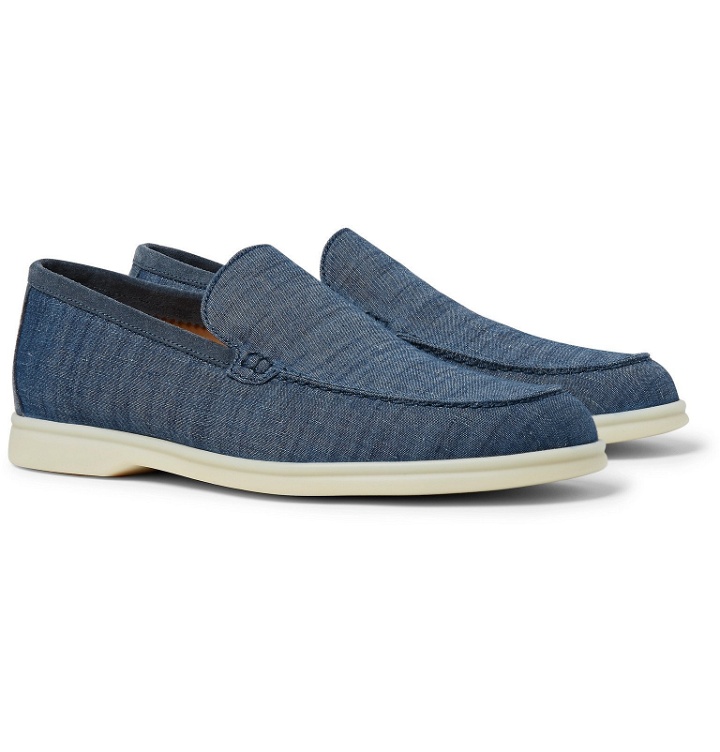 Photo: Loro Piana - Summer Walk Suede-Trimmed Cotton and Linen-Blend Chambray Loafers - Blue