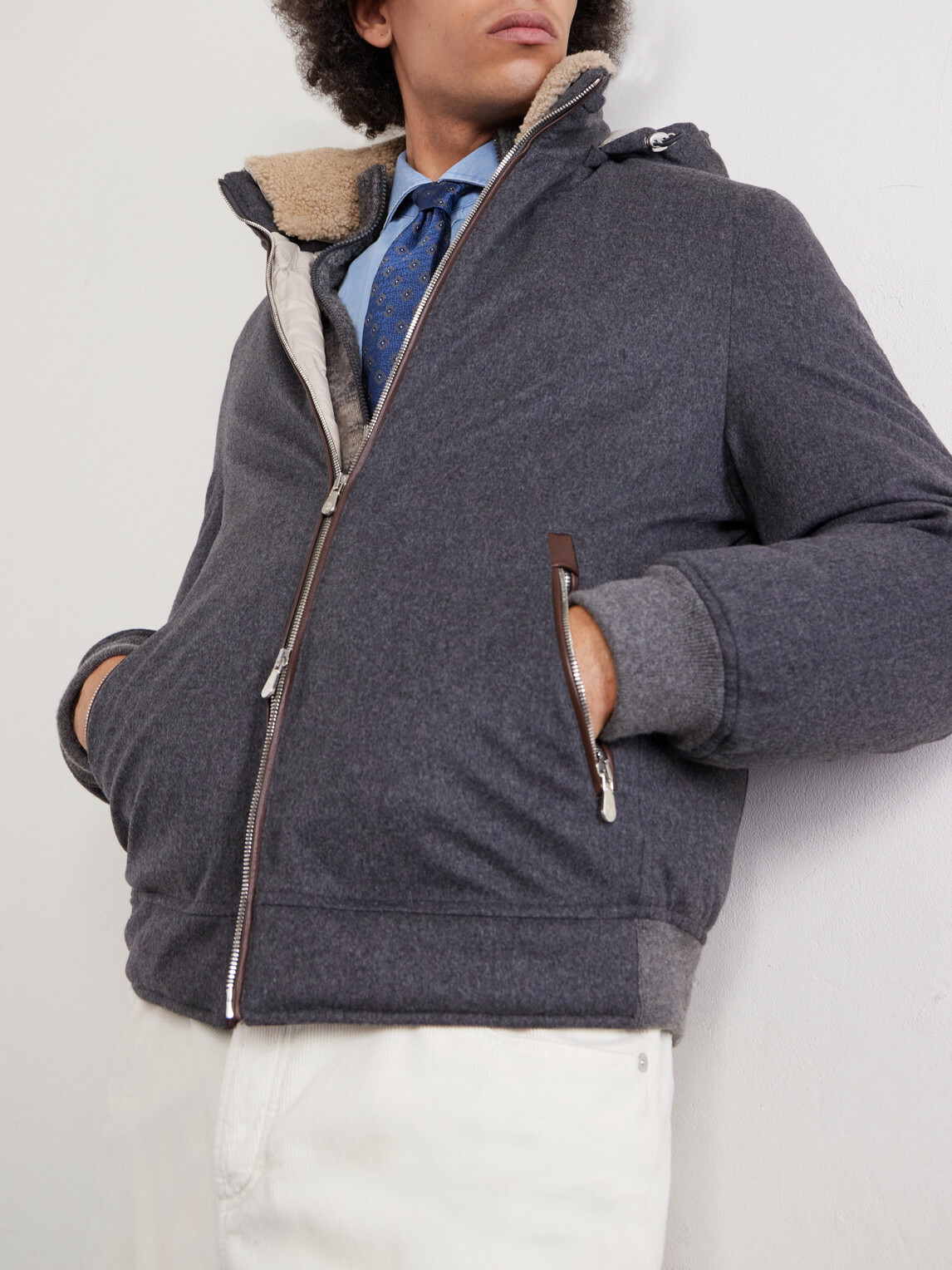 Brunello Cucinelli - Shearling-Trimmed Wool Hooded Down Jacket - Gray