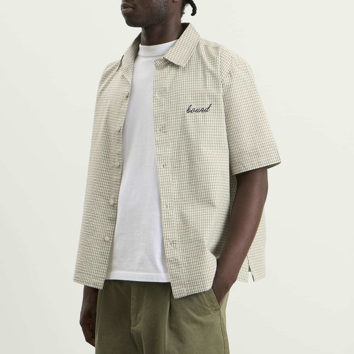 Bound Men's Gingham Cropped Shirt in Ecru