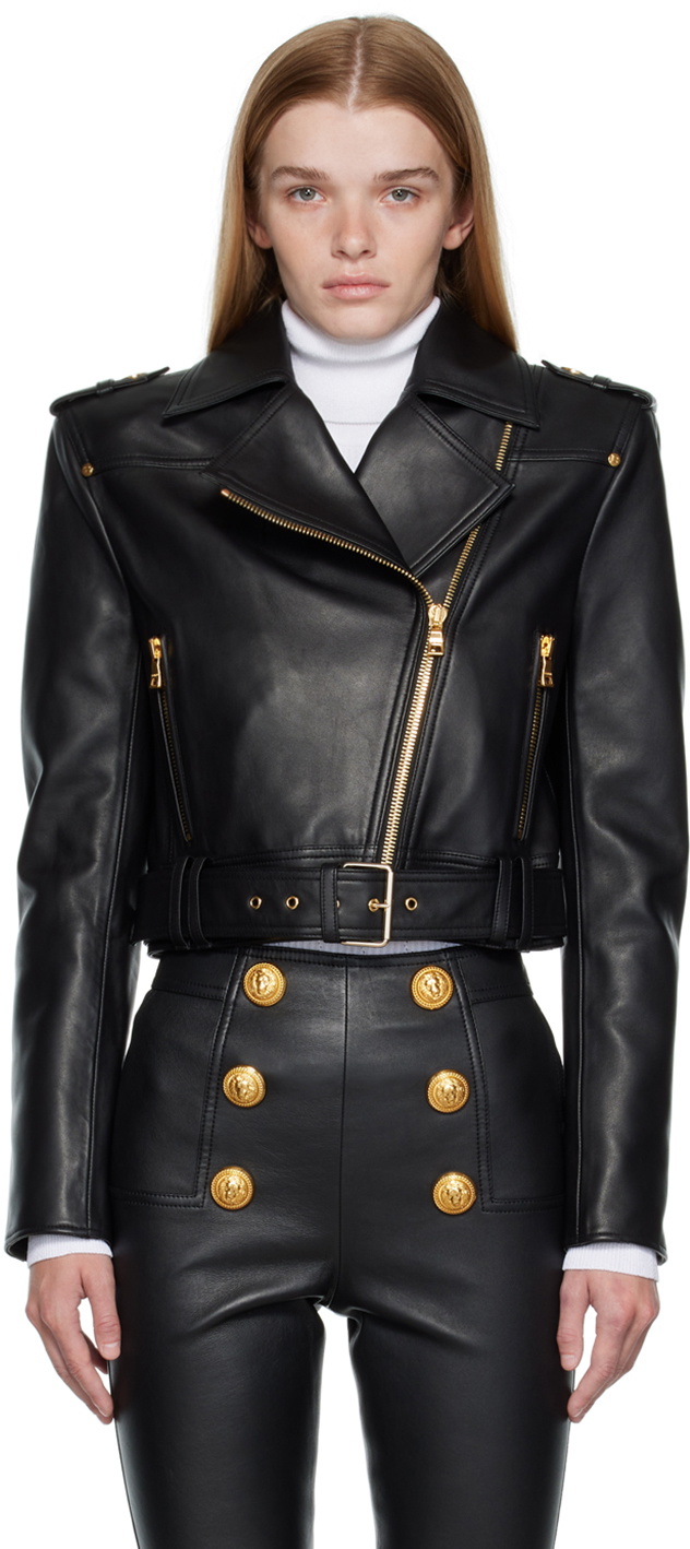 Bemærk Prisnedsættelse Beskrive Balmain Black Cropped Biker Leather Jacket Balmain