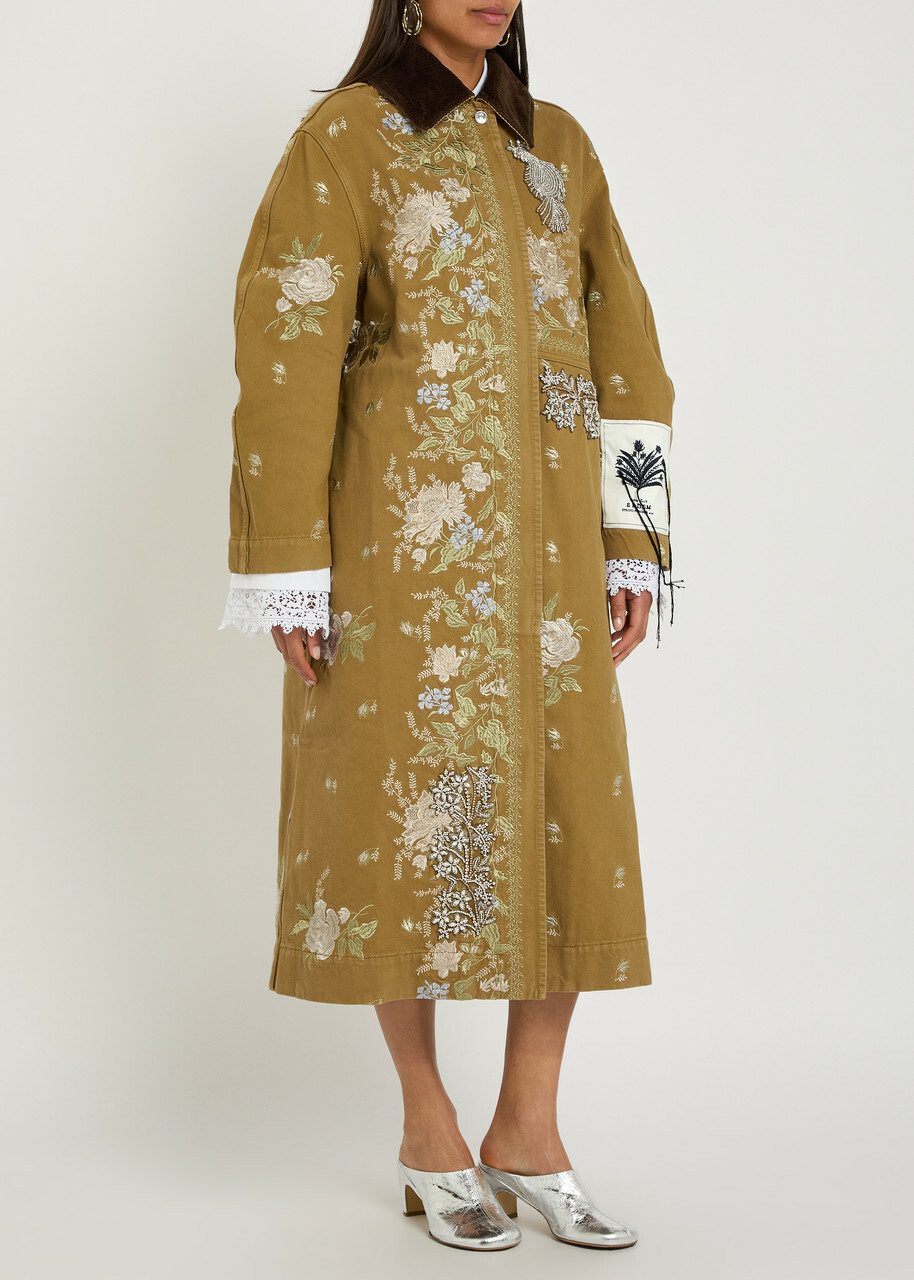 Erdem Embroidered and Embellished Denim Overcoat Camel