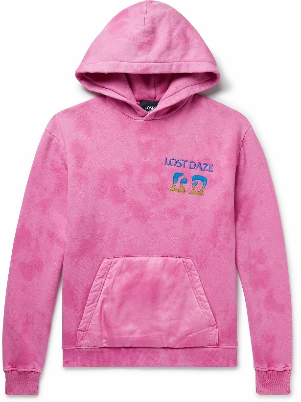 Photo: Lost Daze - Satin-Trimmed Logo-Embroidered Tie-Dyed Cotton-Jersey Hoodie - Pink