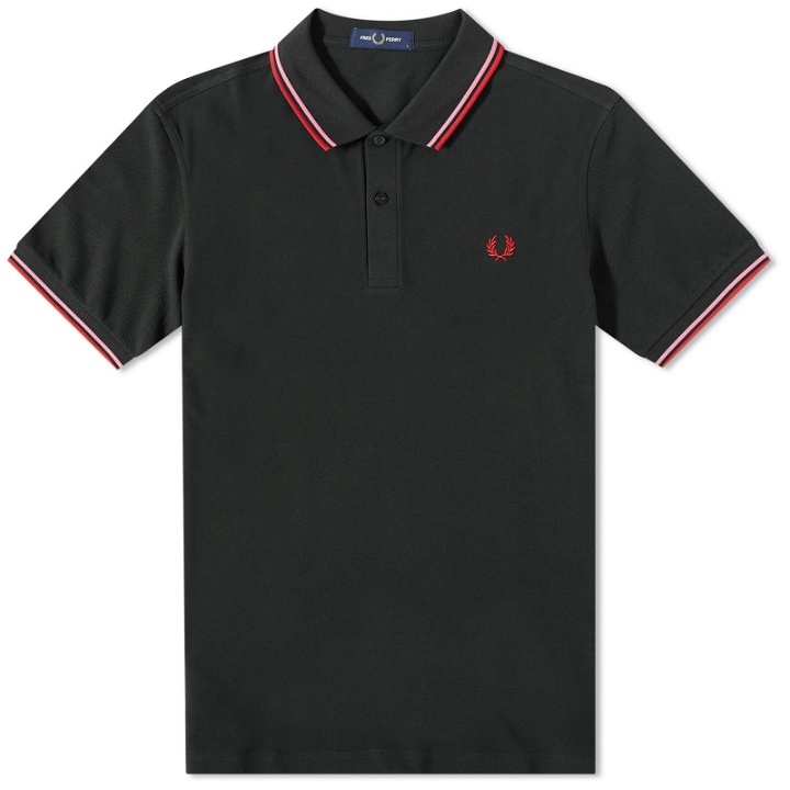 Photo: Fred Perry Authentic Men's Slim Fit Twin Tipped Polo Shirt in Night Green/Bright Pink/Washed Red