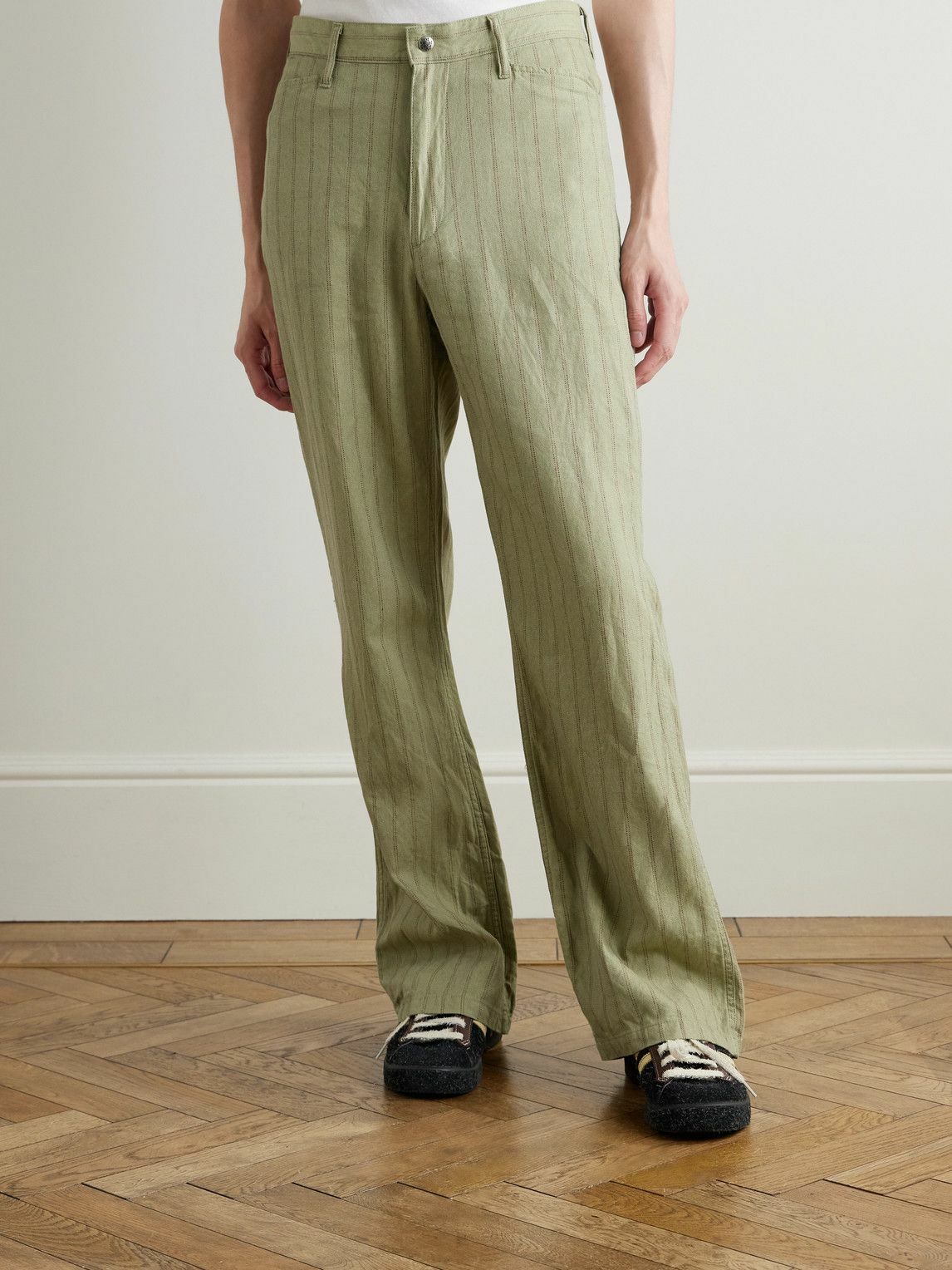 KAPITAL - Gibson Straight-Leg Striped Linen and Cotton-Blend Twill Trousers - Green