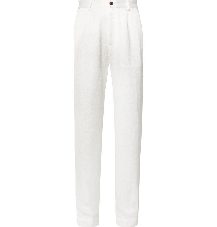 Photo: Freemans Sporting Club - White Pleated Herringbone Linen-Blend Suit Trousers - Ivory