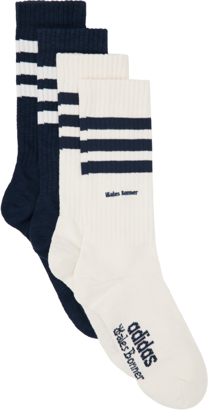 Photo: Wales Bonner Two-Pack Off-White & Navy adidas Originals Edition 3-Stripes Socks