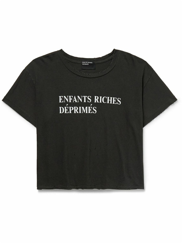 Photo: Enfants Riches Déprimés - Cropped Distressed Logo-Print Cotton-Jersey T-Shirt - Black