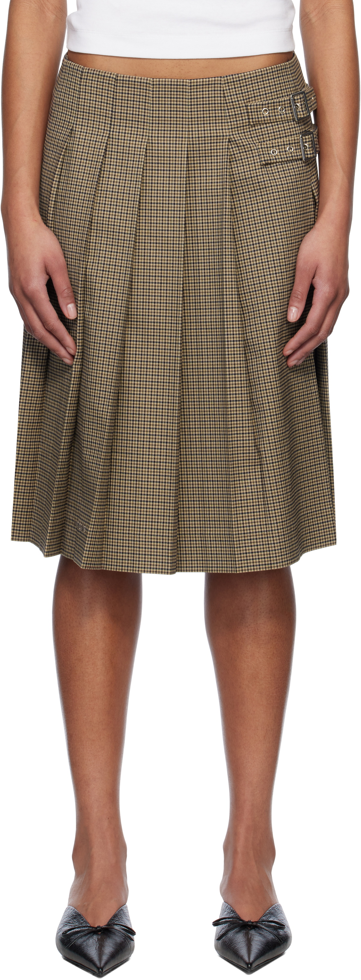 We11done Beige Checkered Pleated Midi Skirt