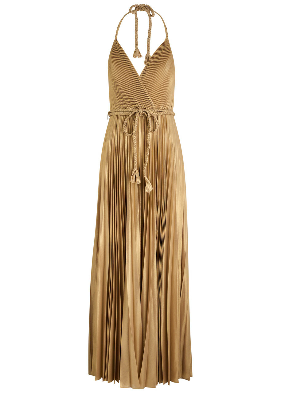 Alice + Olivia Tresa Pliss Chiffon Maxi Dress Gold Alice + Olivia