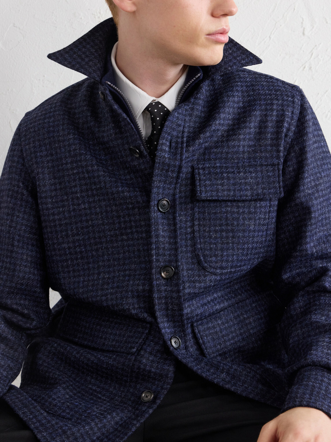 De Petrillo - Houndstooth Virgin Wool Overshirt - Blue