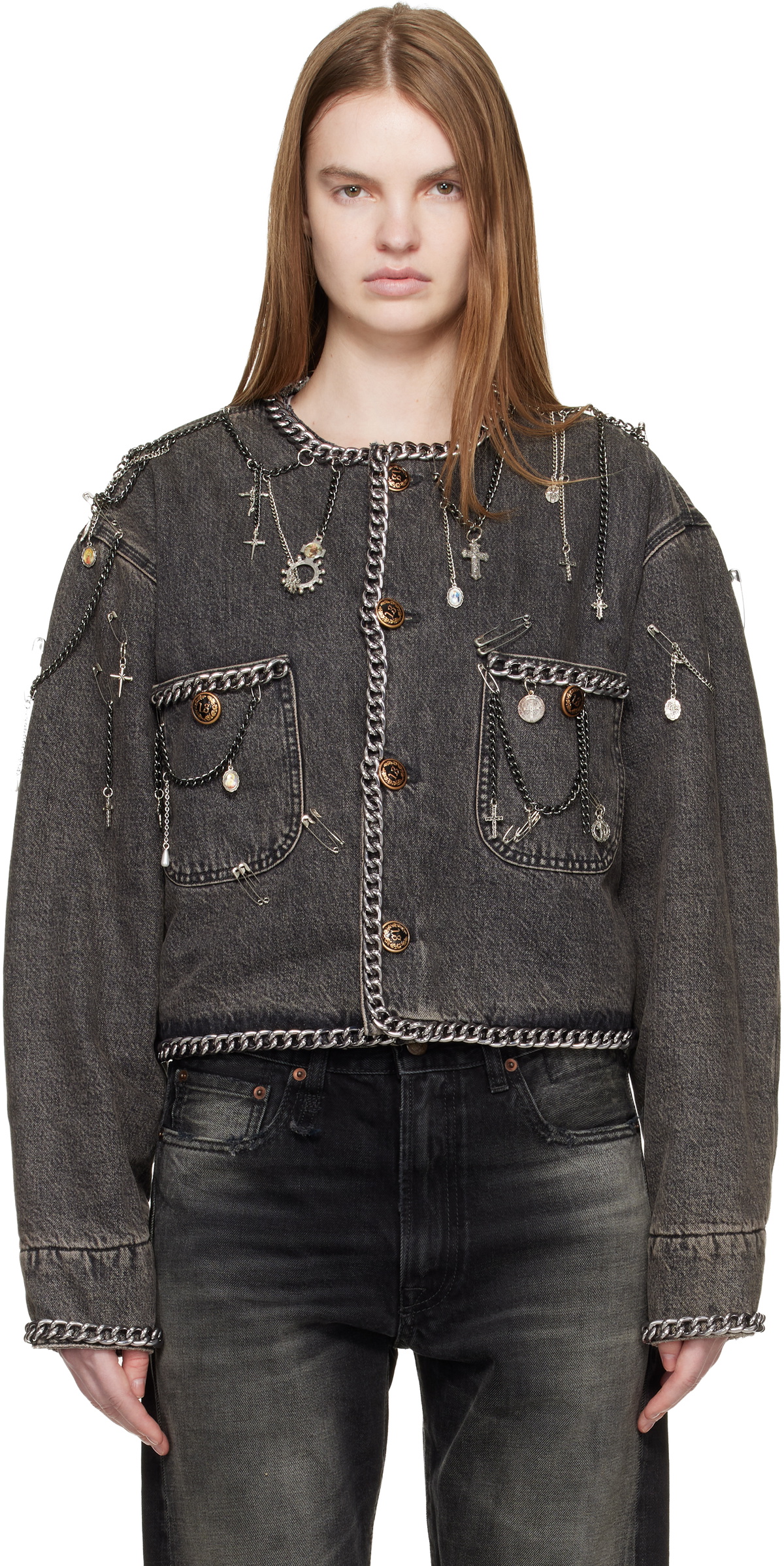 R13 Gray Chain Embellished Cropped Denim Chore Jacket