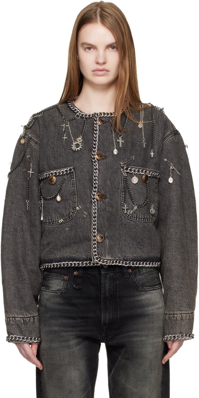 Photo: R13 Gray Chain Embellished Cropped Denim Chore Jacket
