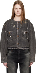 R13 Gray Chain Embellished Cropped Denim Chore Jacket
