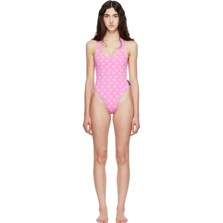 Photo: Marine Serre Pink Moon Printed Jersey One-Piece Swimsuit