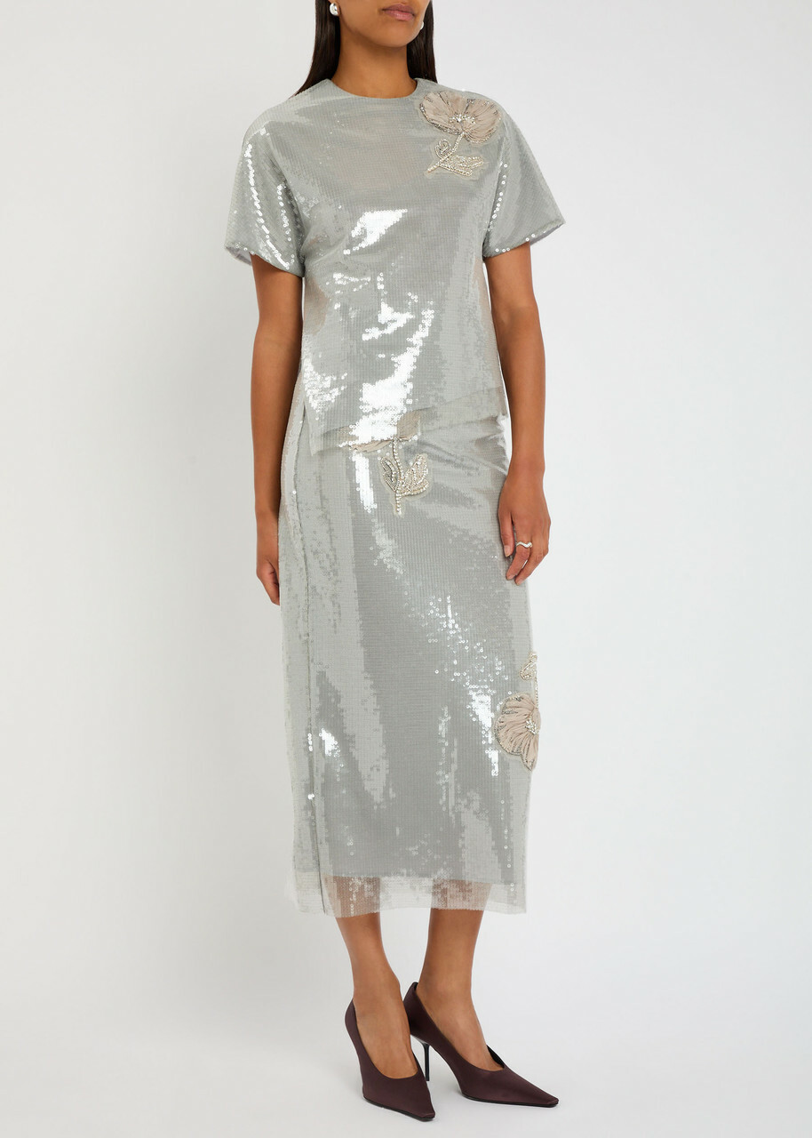 Huishan Zhang Sammi Floral-appliquéd Sequin T-shirt Silver