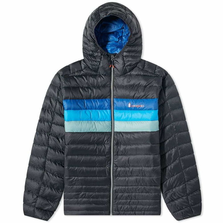 Photo: Cotopaxi Men's Fuego Down Hooded Jacket in Black/Pacific Stripes