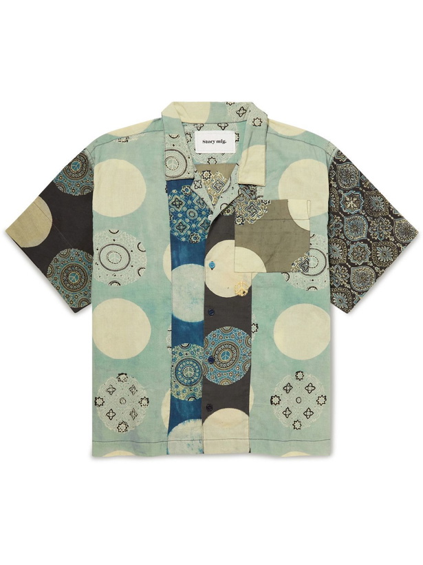 Photo: Story Mfg. - Greetings Camp-Collar Embroidered Patchwork Organic Cotton Shirt - Blue