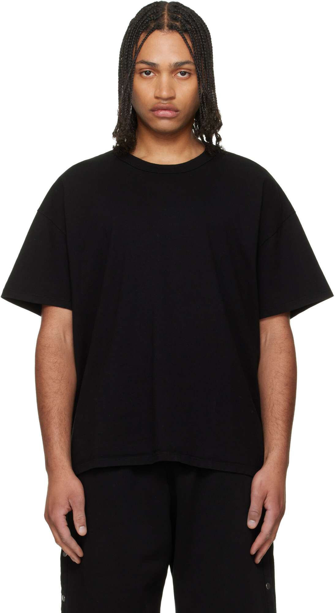 Les Tien Black Lightweight Binded Neck Oversized T-shirt