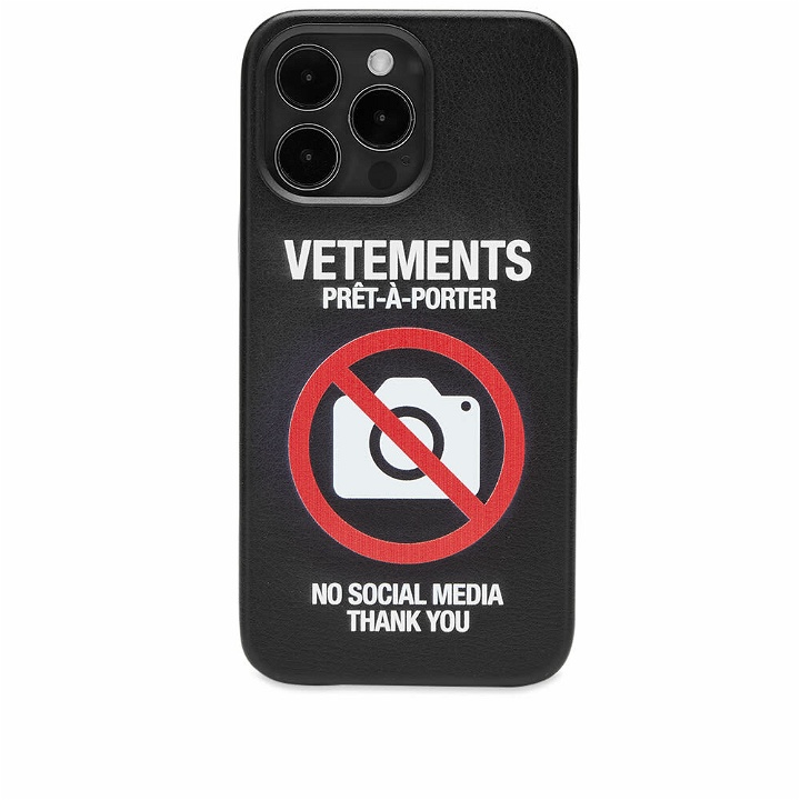 Photo: Vetements Men's No Social Media iPhone 14 Pro Max Case in Black