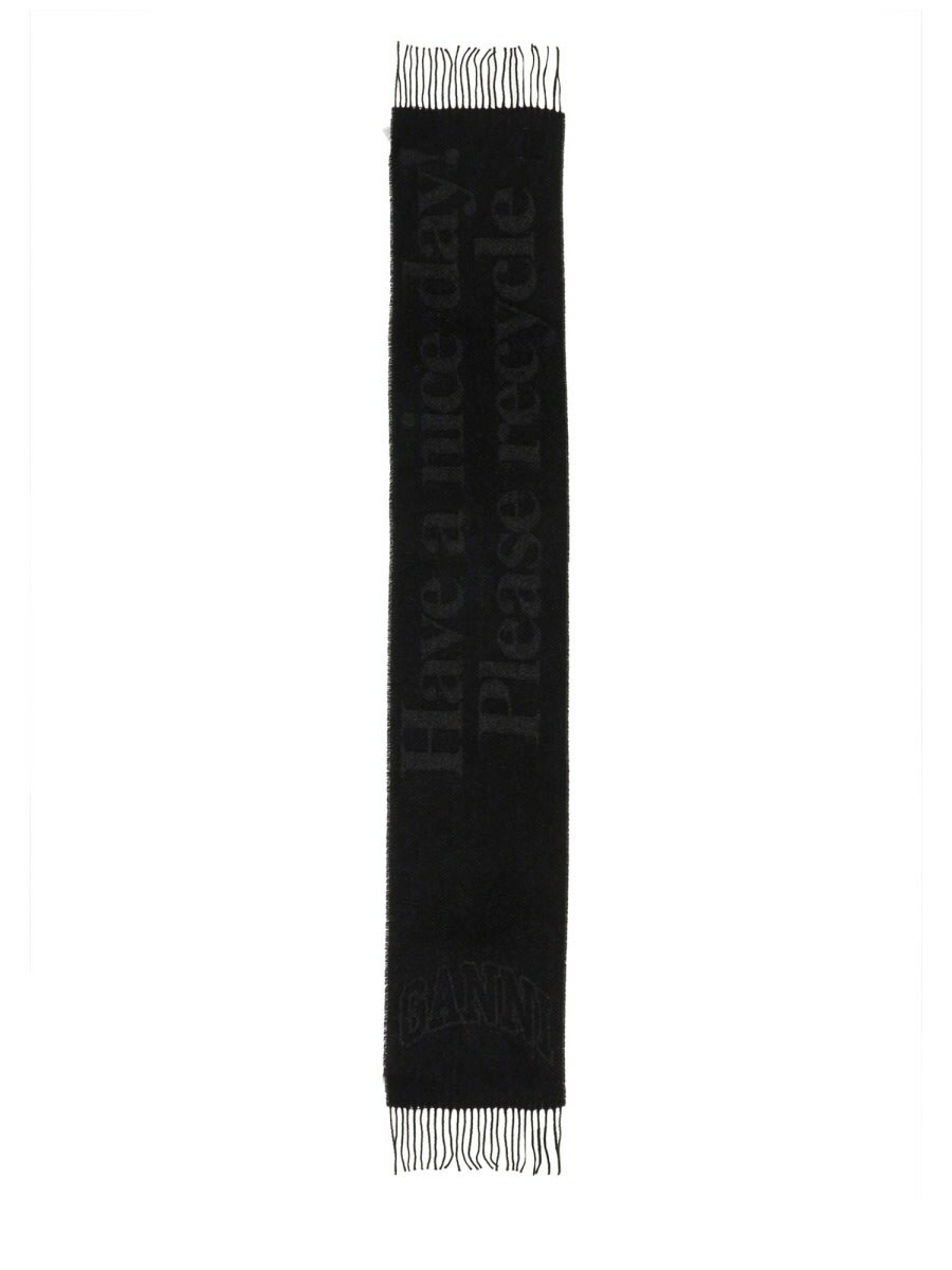GANNI Women's Striped Soft Wool Scarf in Black GANNI