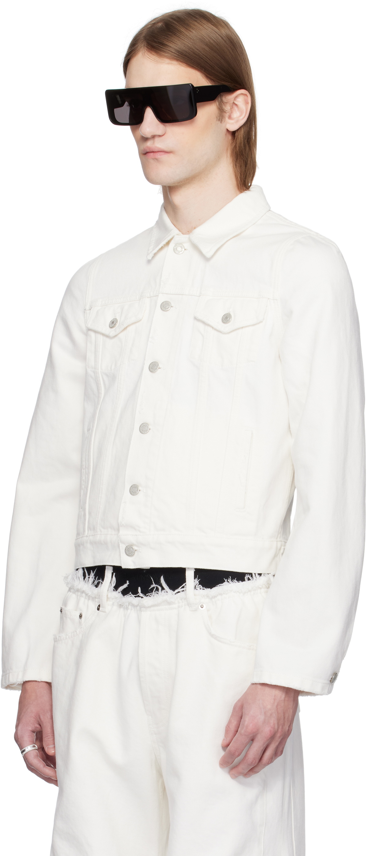 ALAINPAUL White Molded Shoulder Denim Jacket
