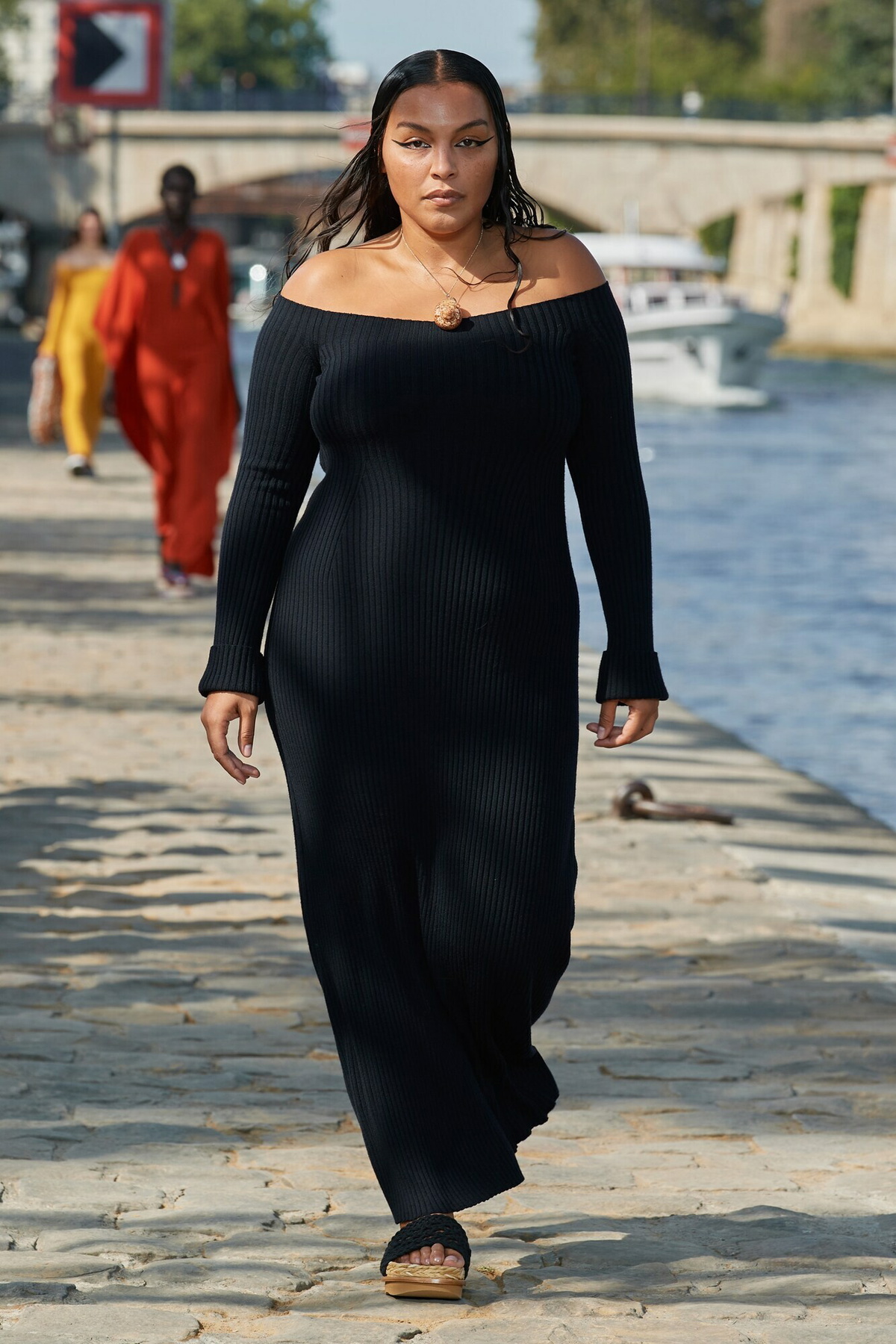 Off-Shoulder Ribbed Wool Blend Maxi Dress main image 1