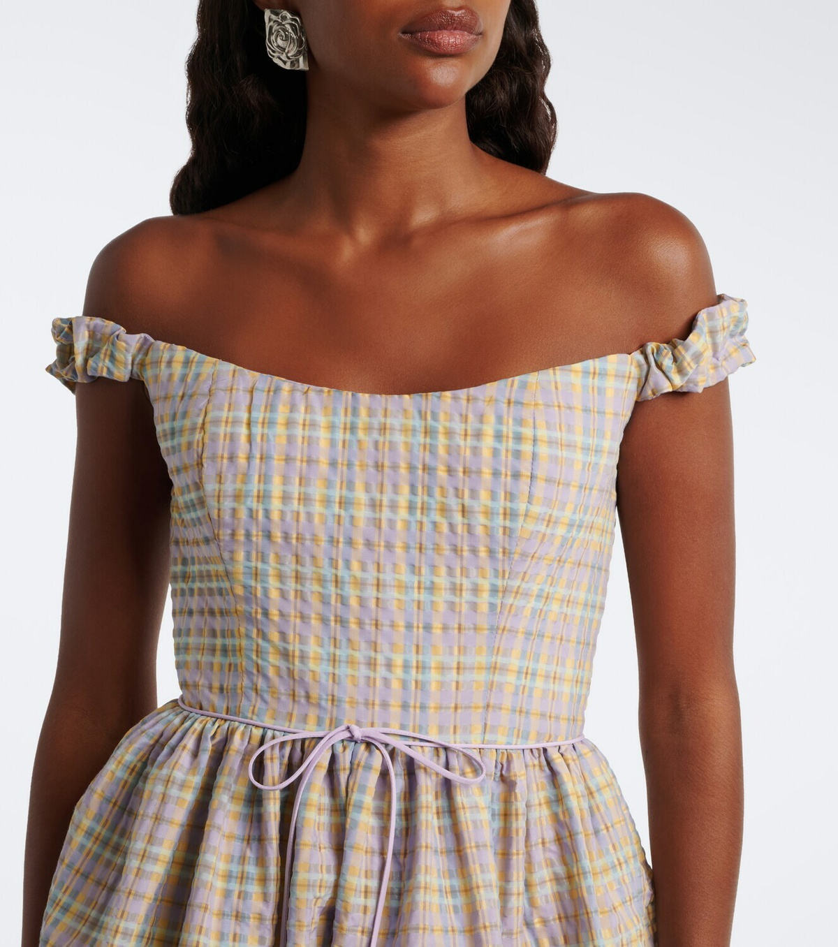 Markarian Ginger off-shoulder seersucker bustier dress